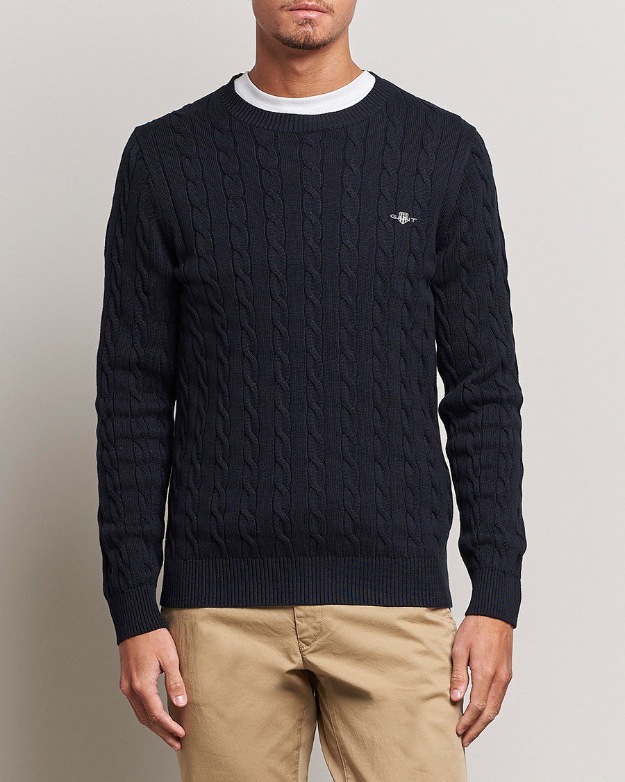 Herre | Tøj | GANT | Cotton Cable Crew Neck Pullover Evening Blue