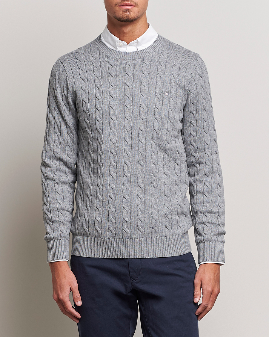 Herre | Trøjer | GANT | Cotton Cable Crew Neck Pullover Grey Melange