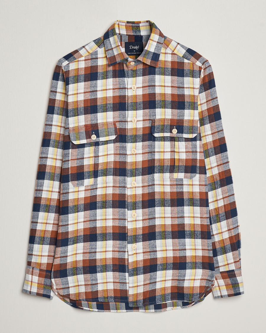 Herre | Skjorter | Drake's | Brushed Madras Checked Work Shirt Brown