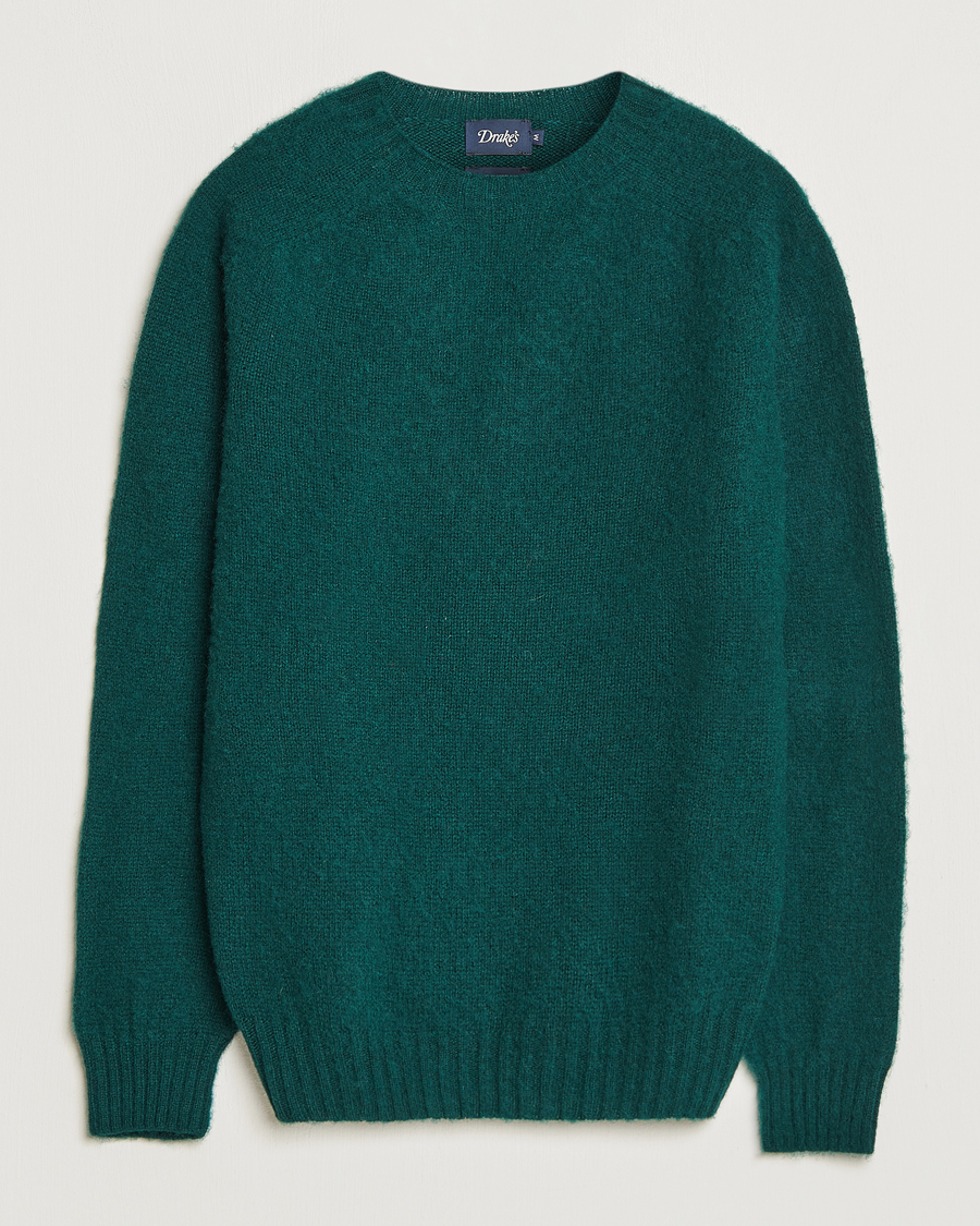 Herre | Trøjer | Drake's | Brushed Shetland Crew Emerald Green