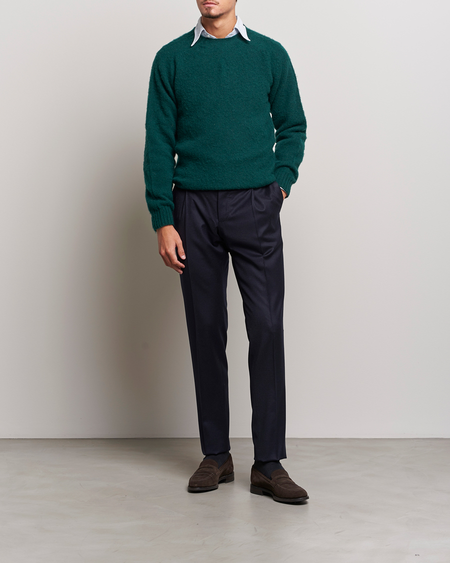Herre | Trøjer | Drake's | Brushed Shetland Crew Emerald Green