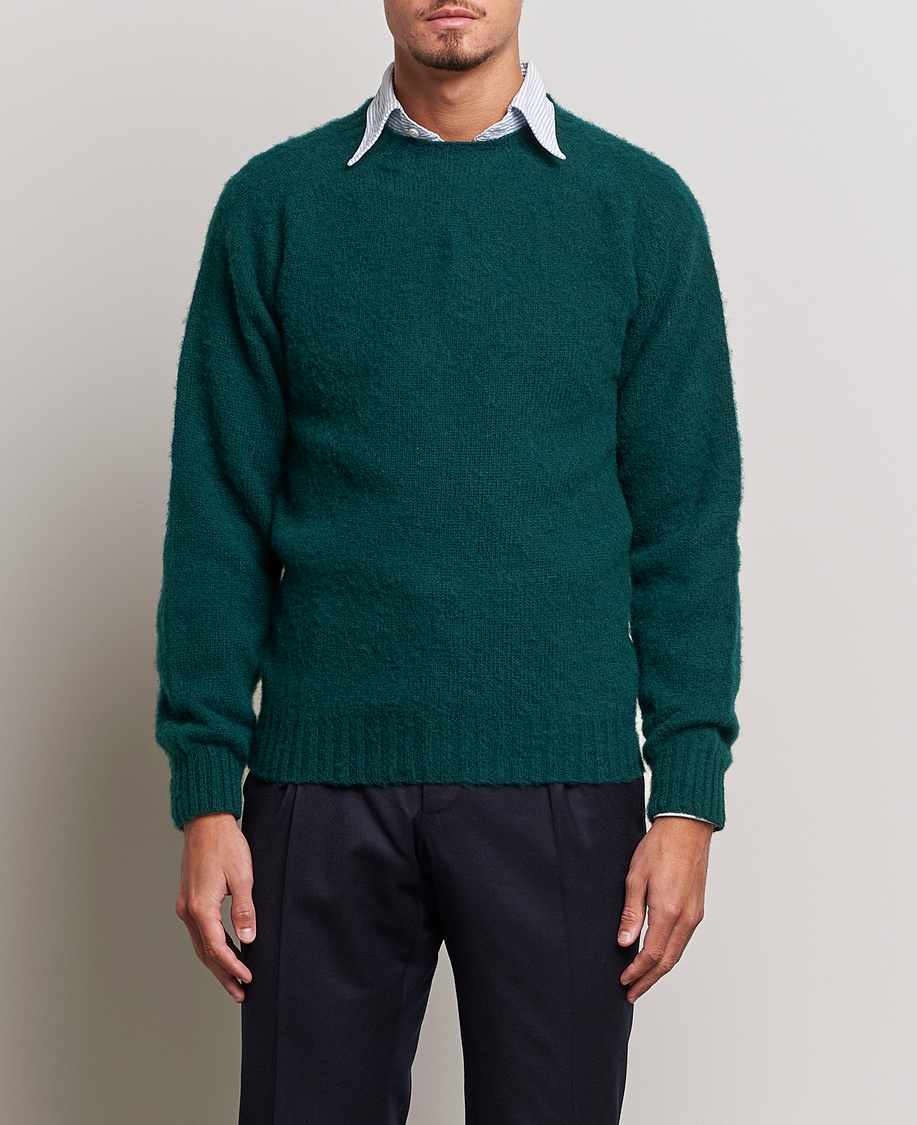 Herre | Trøjer | Drake's | Brushed Shetland Crew Emerald Green