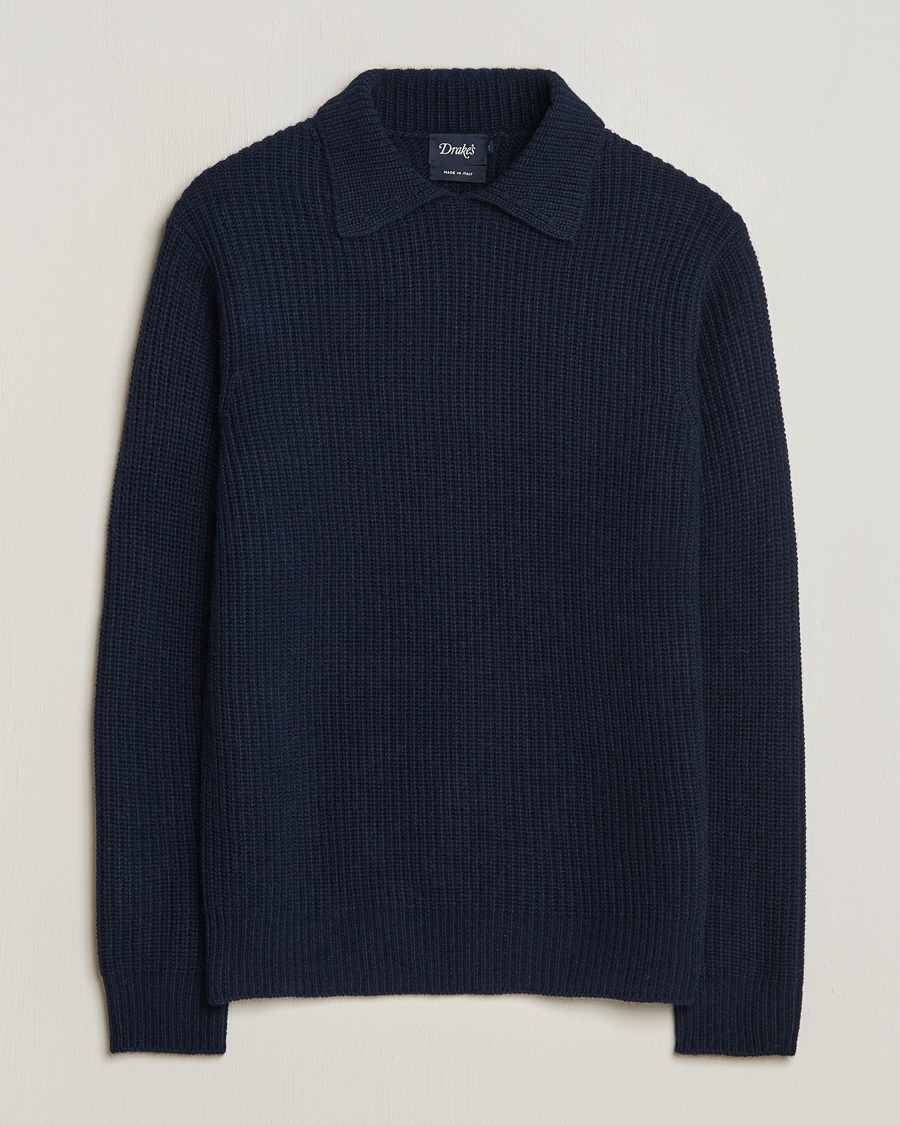 Herre | Trøjer | Drake's | Integral Collar Ribbed Jumper Navy