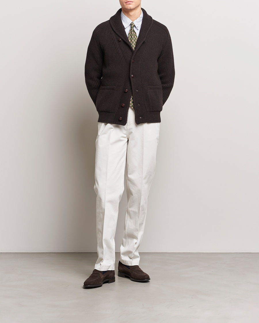 Herre | Trøjer | Drake's | Lambswool 6-Ply Shawl Collar Cardigan Brown