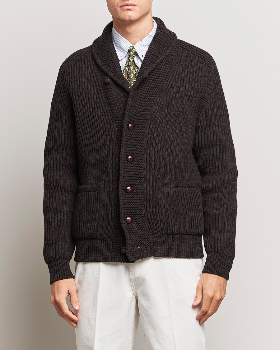 Herre | Trøjer | Drake's | Lambswool 6-Ply Shawl Collar Cardigan Brown