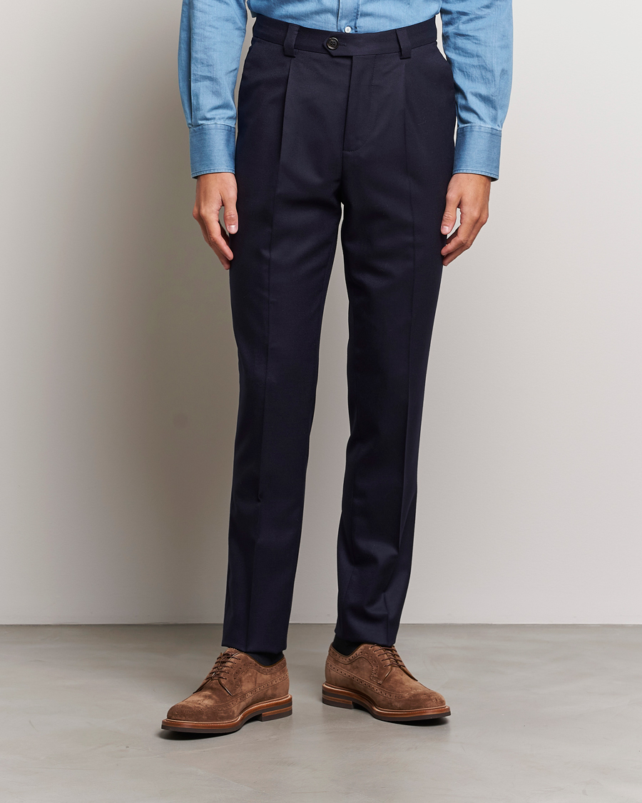 Herre | Flannelsbukser | Brunello Cucinelli | Slim Fit Pleated Flannel Trousers Navy