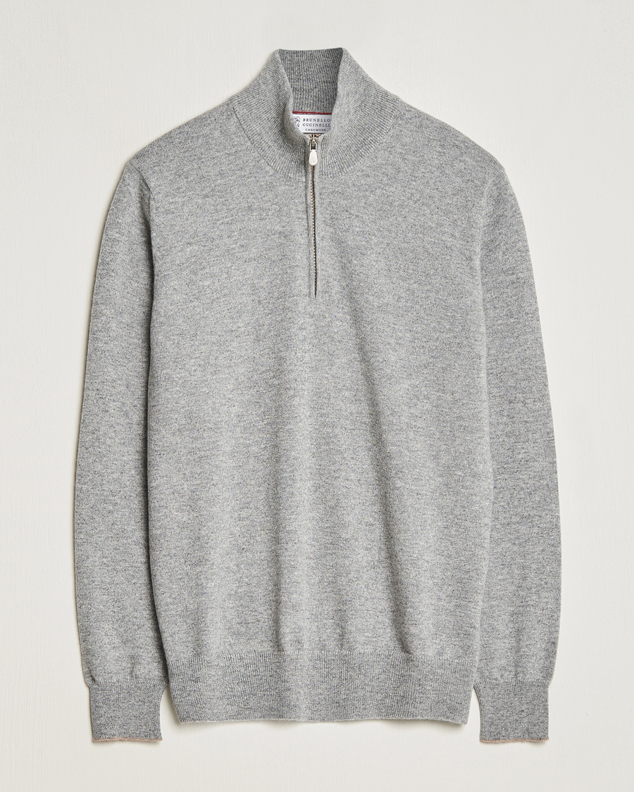 Herre | Trøjer | Brunello Cucinelli | 2 Ply Cashmere Half Zip Light Grey