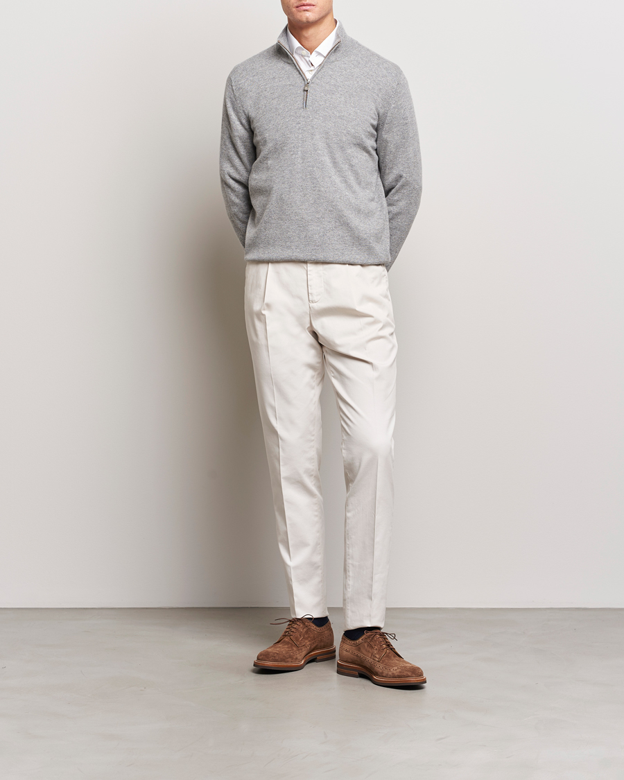 Herre | Trøjer | Brunello Cucinelli | 2 Ply Cashmere Half Zip Light Grey