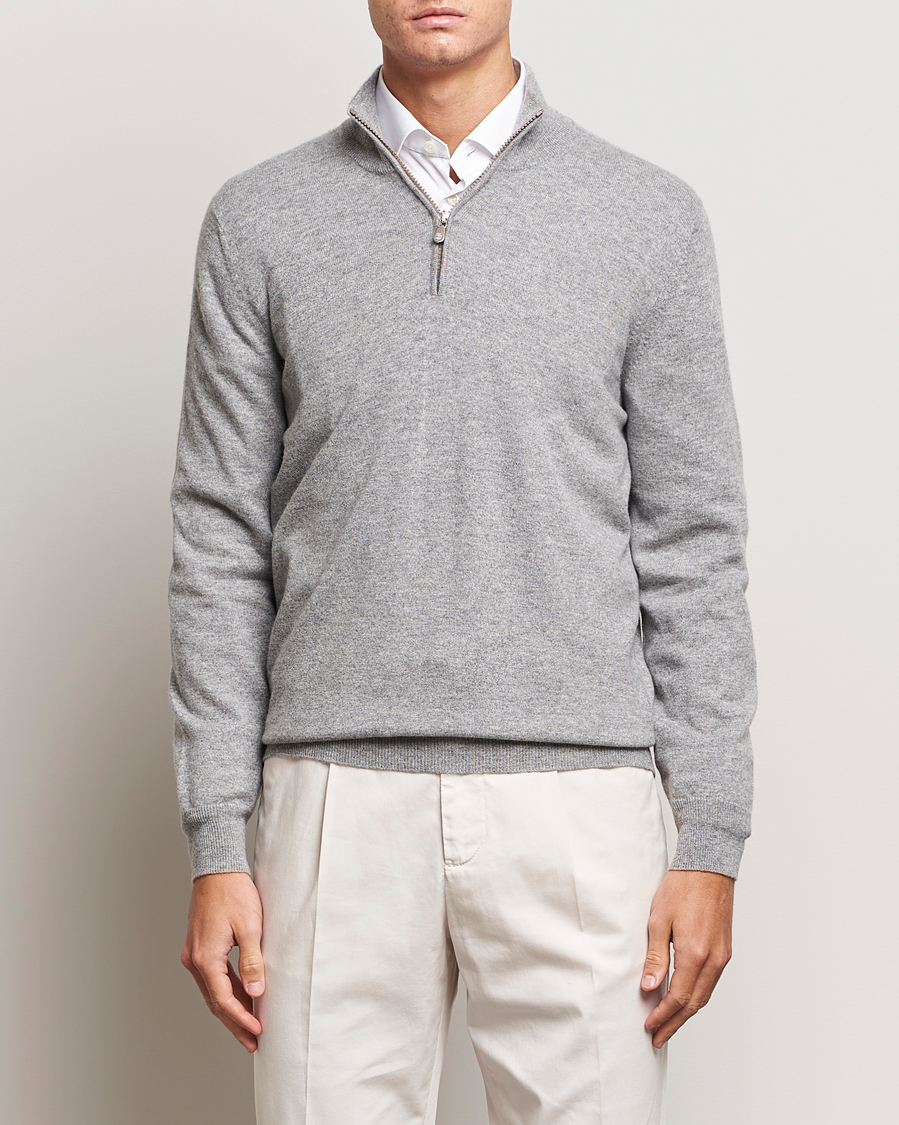 Herre | Trøjer | Brunello Cucinelli | 2 Ply Cashmere Half Zip Light Grey