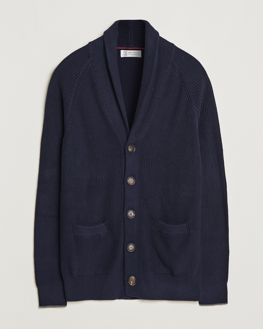 Herre | Trøjer | Brunello Cucinelli | Rib Wool Shawl Collar Cardigan Navy