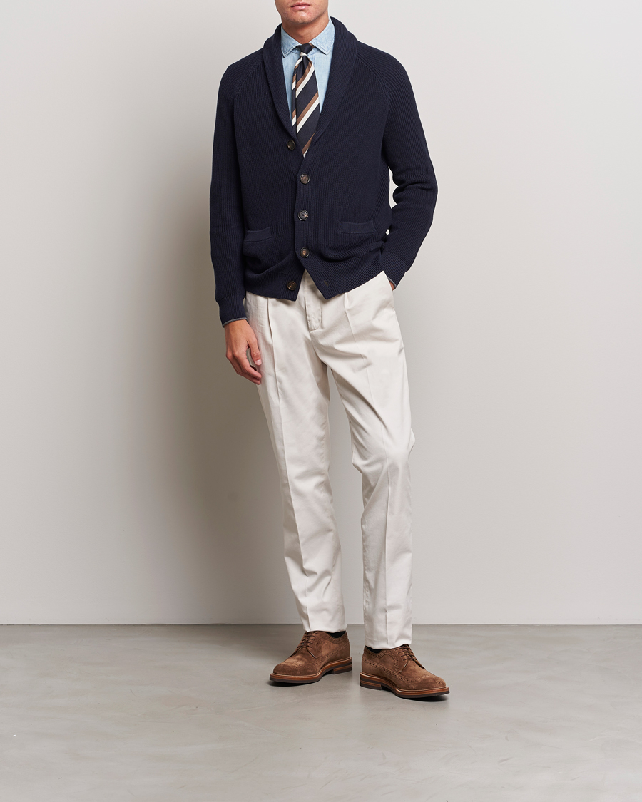 Herre | Trøjer | Brunello Cucinelli | Rib Wool Shawl Collar Cardigan Navy