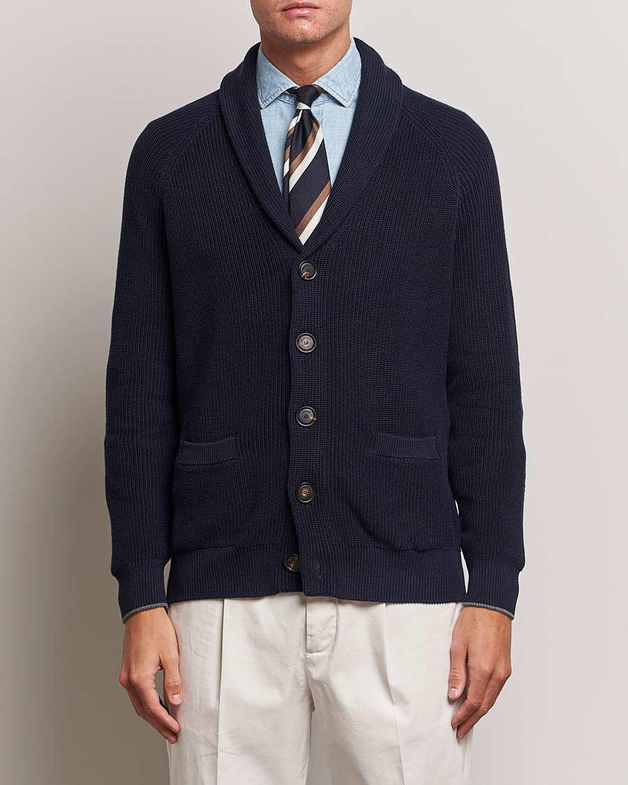 Herre | Trøjer | Brunello Cucinelli | Rib Wool Shawl Collar Cardigan Navy