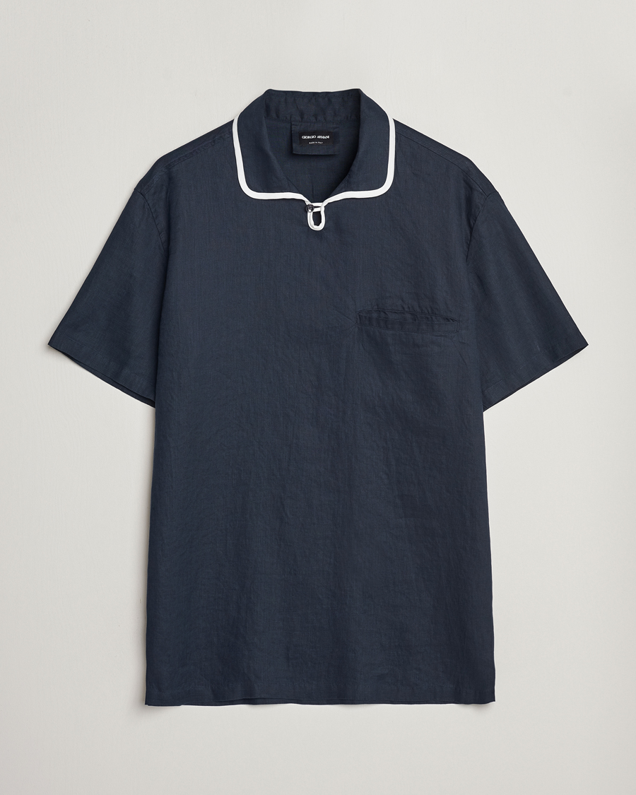 Herre | Skjorter | Giorgio Armani | Linen Guru Collar Short Sleeve Shirt Navy