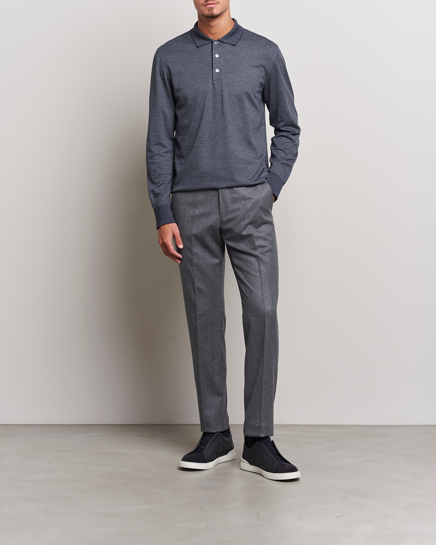 Herre | Trøjer | Zegna | Cotton/Silk Long Sleeve Polo Dark Blue