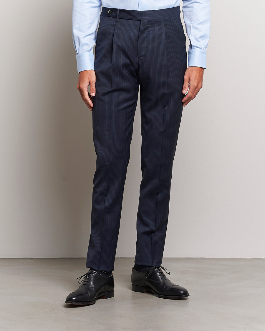 Herre | Bukser | PT01 | Slim Fit Pleated Wool Trousers Navy Pin