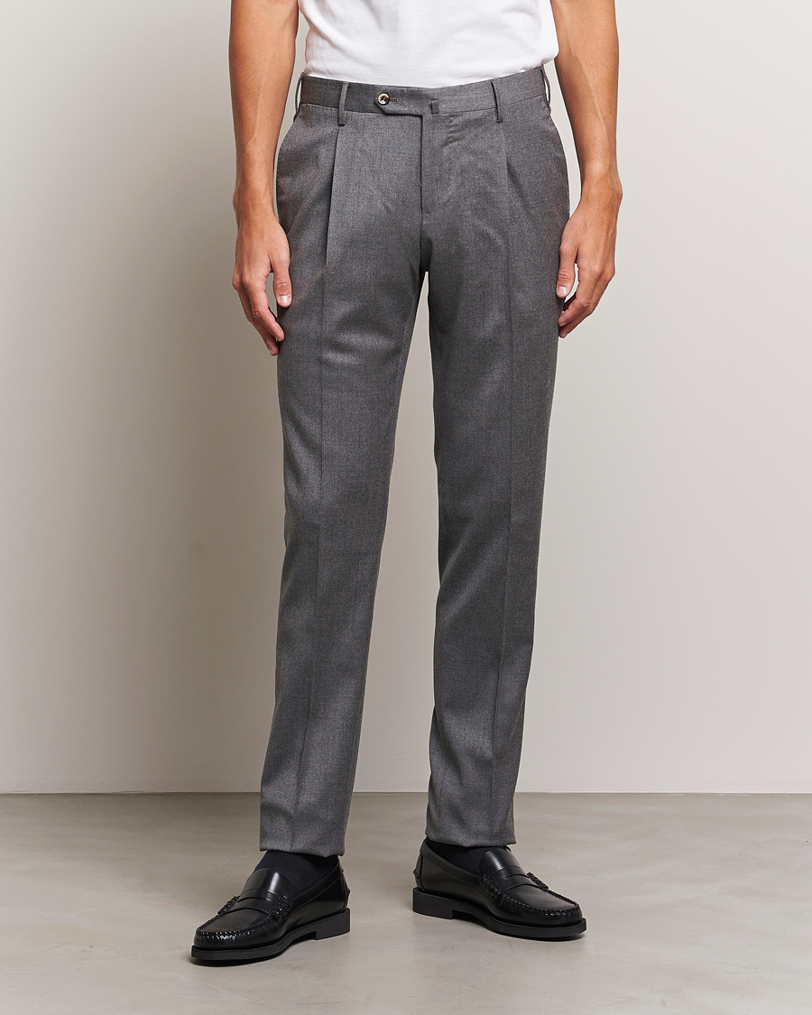 Herre | Flannelsbukser | PT01 | Slim Fit Pleated Flannel Trousers Grey Melange