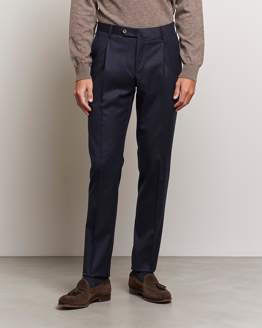 Herre | Flannelsbukser | PT01 | Slim Fit Pleated Flannel Trousers Navy