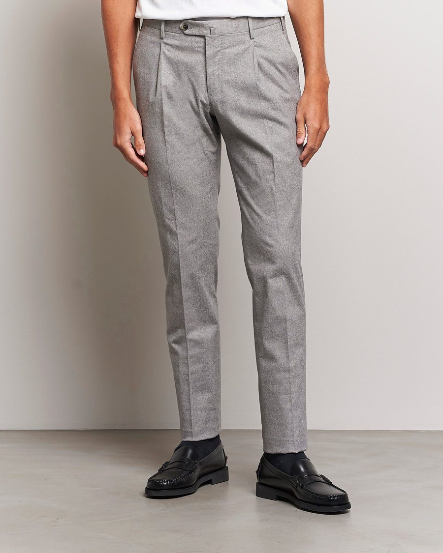 Herre | Pæne bukser | PT01 | Slim Fit Pleated Cotton Flannel Trousers Light Grey