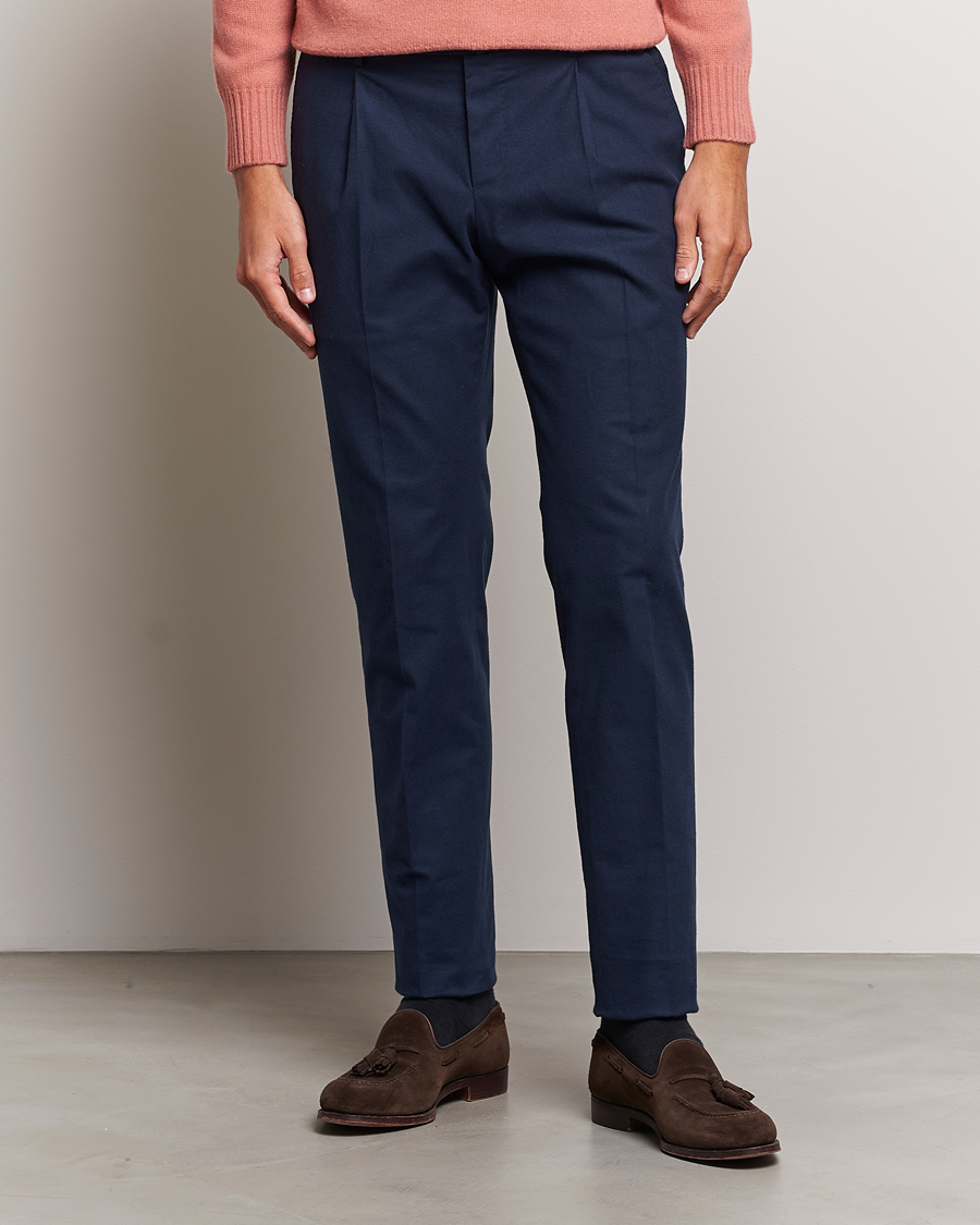 Herre | Bukser | PT01 | Slim Fit Pleated Cotton Flannel Trousers Navy