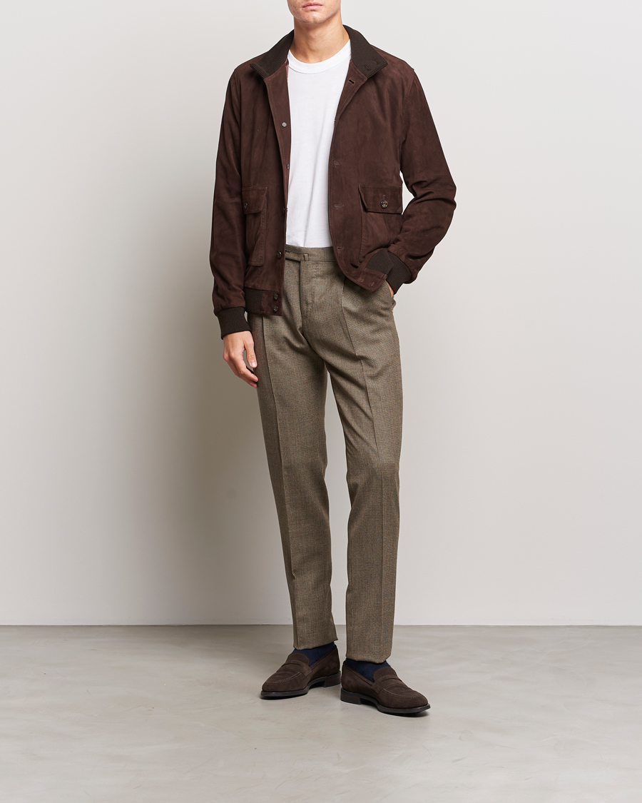 Herre | Bukser | PT01 | Slim Fit Pleated Houndstooth Trousers Light Brown