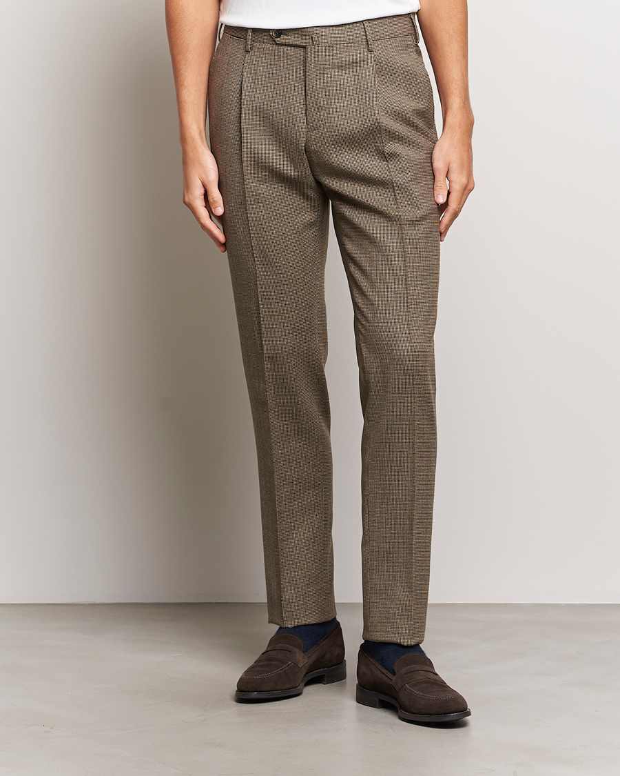Herre | Quiet Luxury | PT01 | Slim Fit Pleated Houndstooth Trousers Light Brown