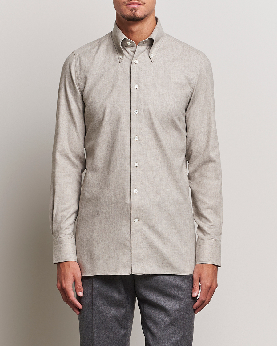 Herre | Skjorter | 100Hands | Cotton/Cashmere Button Down Flannel Shirt Taupe