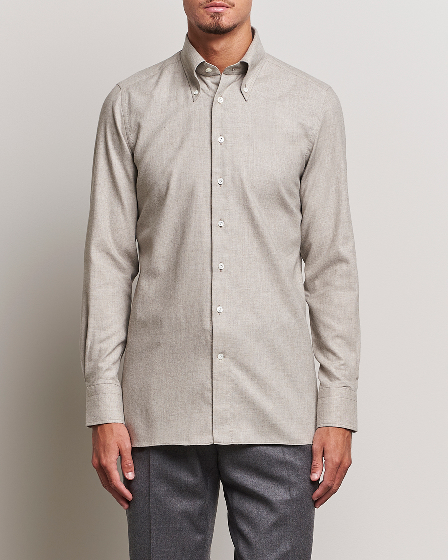 Herre | 60% udsalg | 100Hands | Cotton/Cashmere Button Down Flannel Shirt Taupe