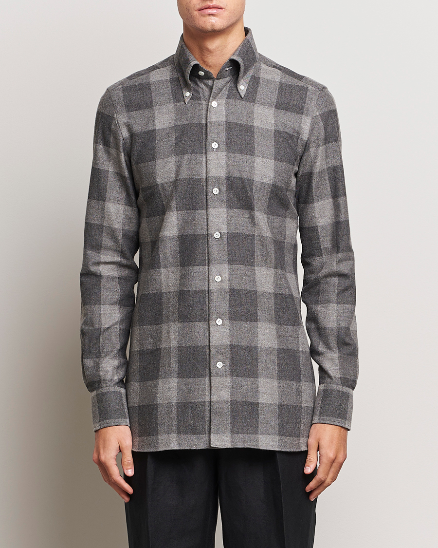 Herre | Casual | 100Hands | Large Checked Yak Wool Flannel Shirt Grey