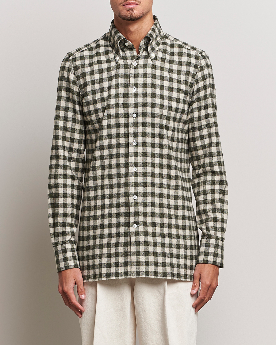 Herre | Luxury Brands | 100Hands | Checked Cotton Flannel Shirt Green Grey