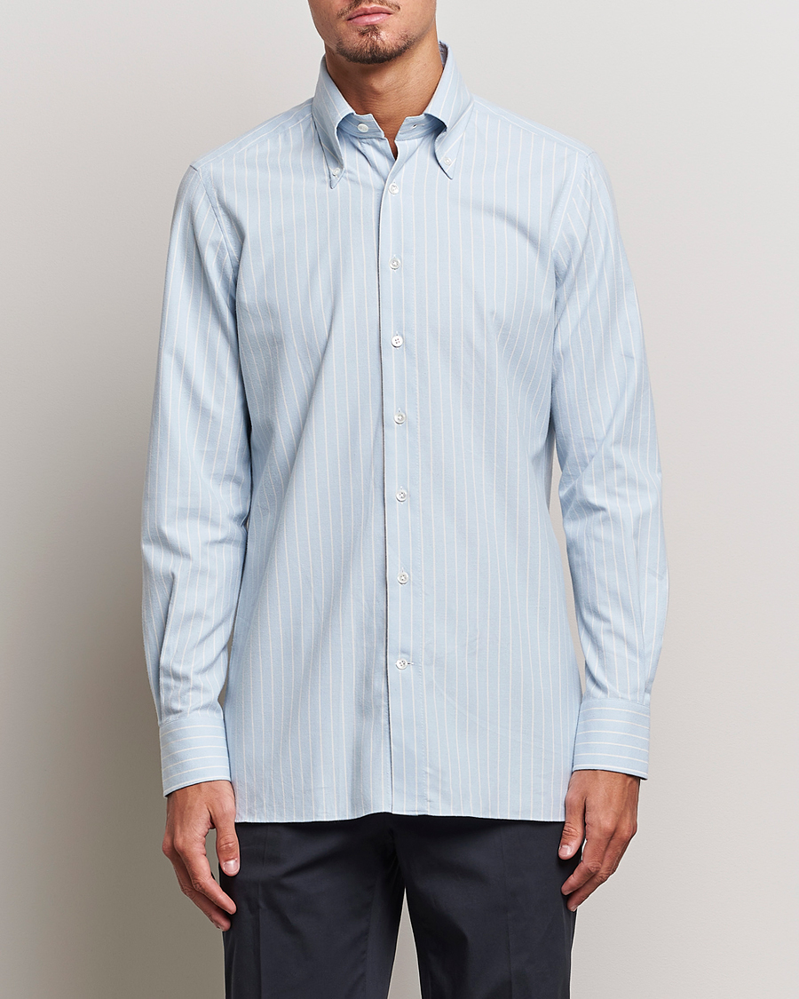 Herre | Flannelskjorter | 100Hands | Striped Cotton Flannel Shirt Light Blue