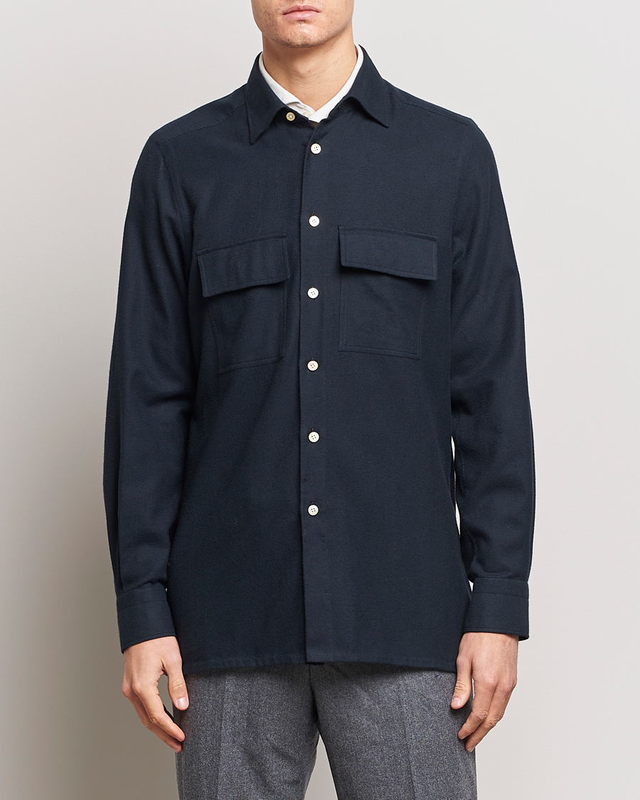 Herre | Skjorter | Kiton | Herringbone Flannel Overshirt Midnight