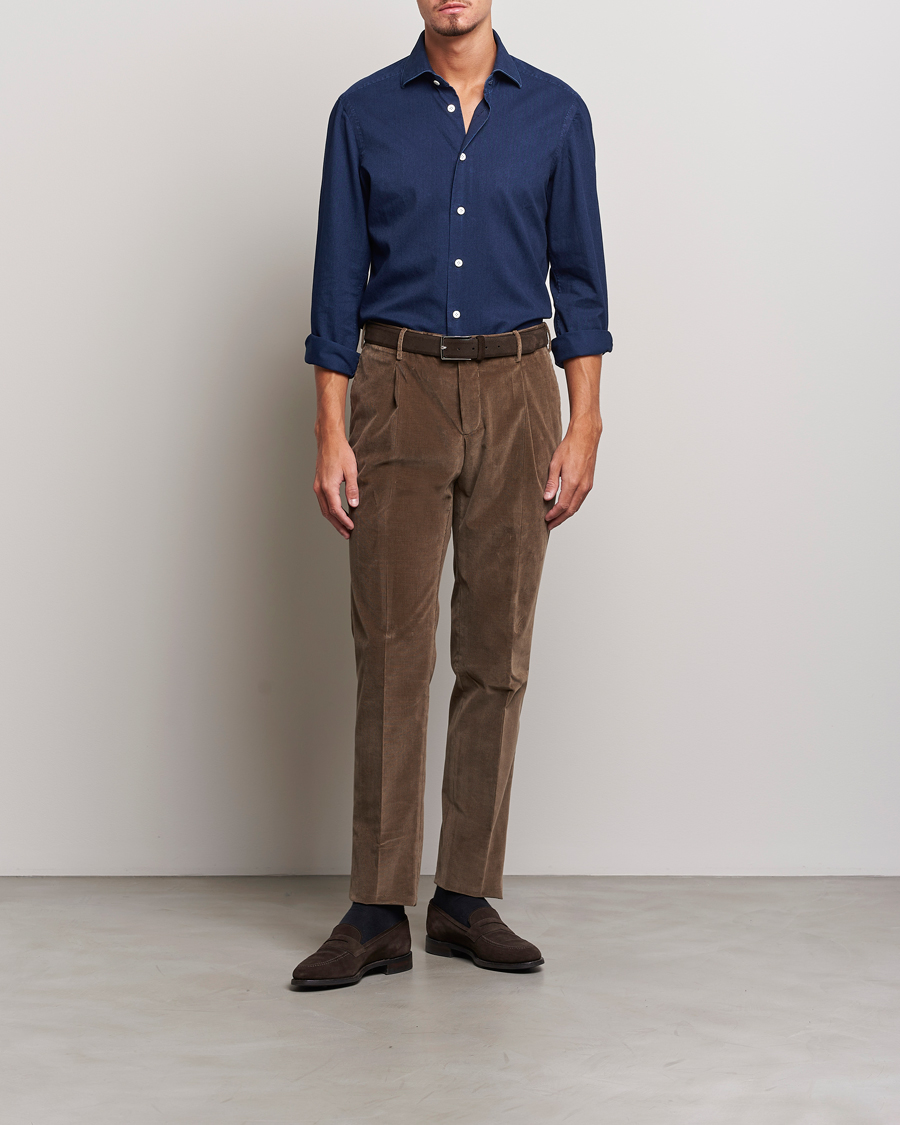 Herre | Skjorter | Kiton | Slim Fit Denim Shirt Dark Blue Wash