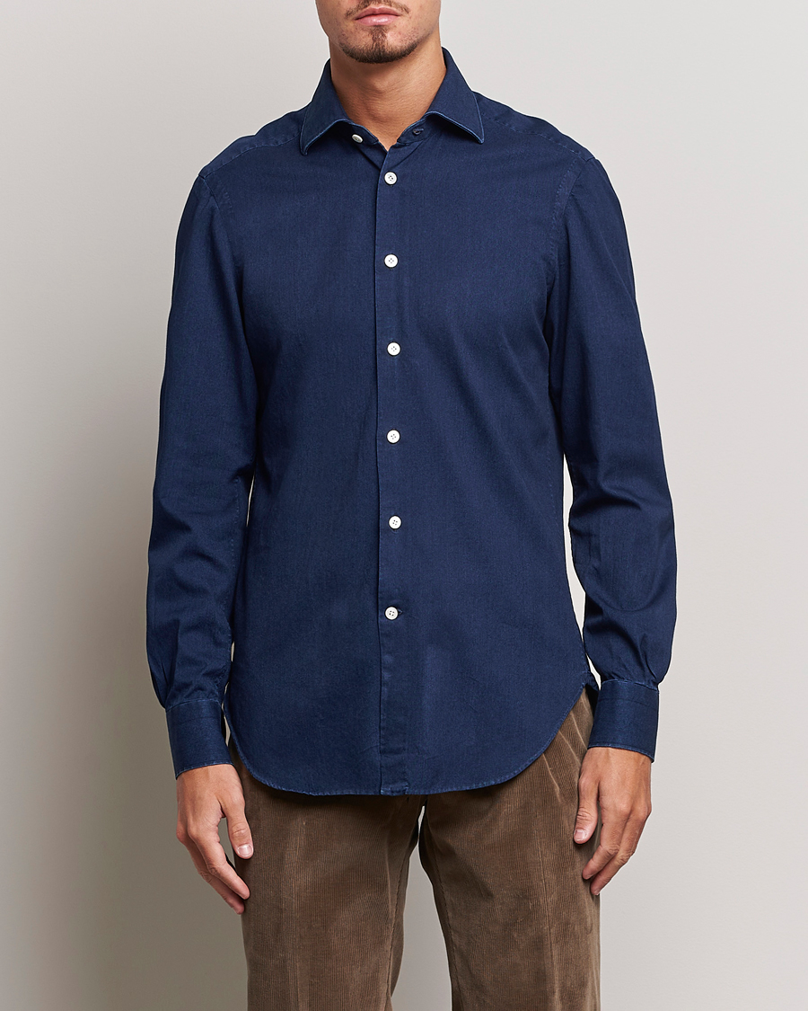 Herre | Skjorter | Kiton | Slim Fit Denim Shirt Dark Blue Wash
