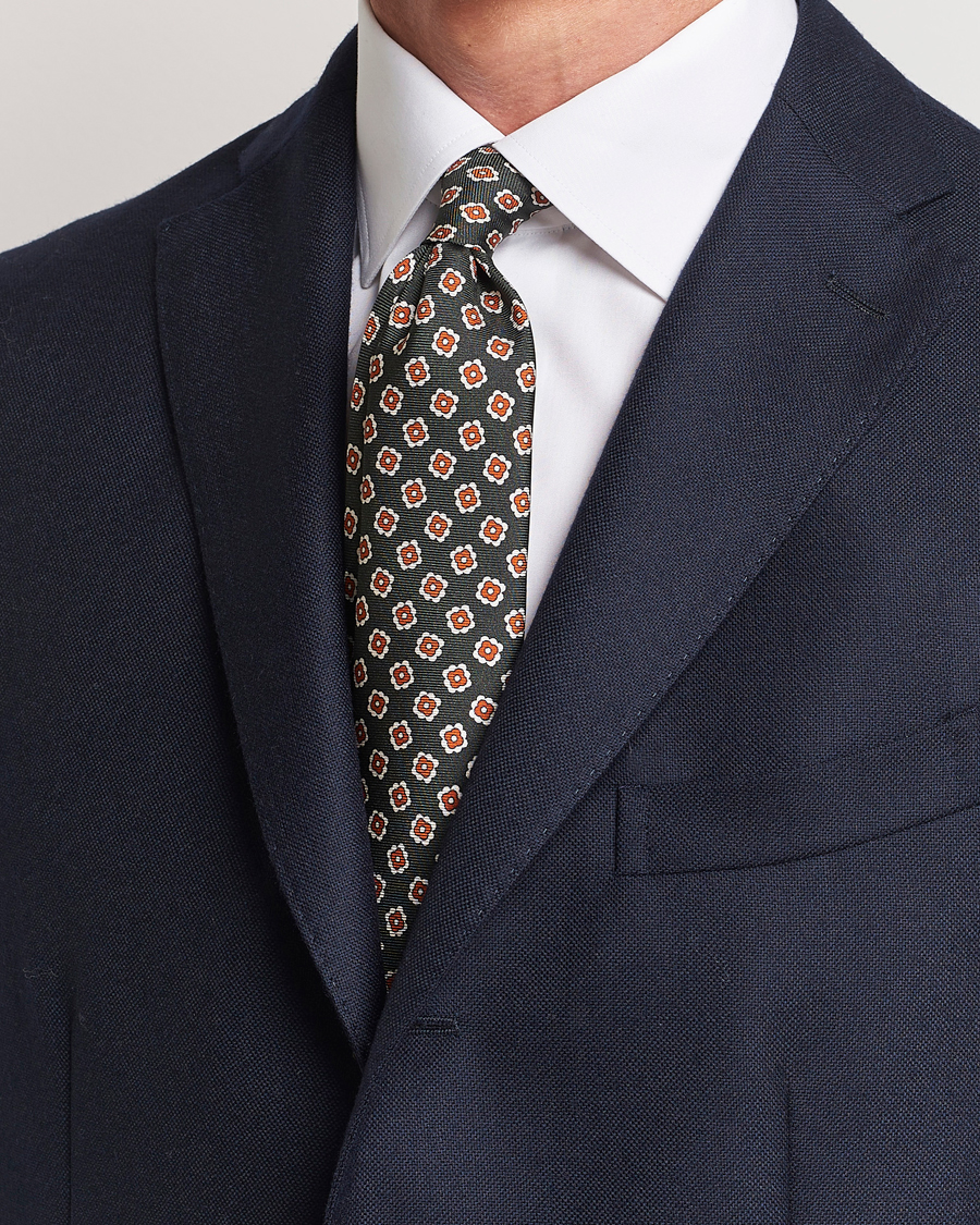 Herre | Kiton Flower Print Silk Tie Dark Green | Kiton | Flower Print Silk Tie Dark Green