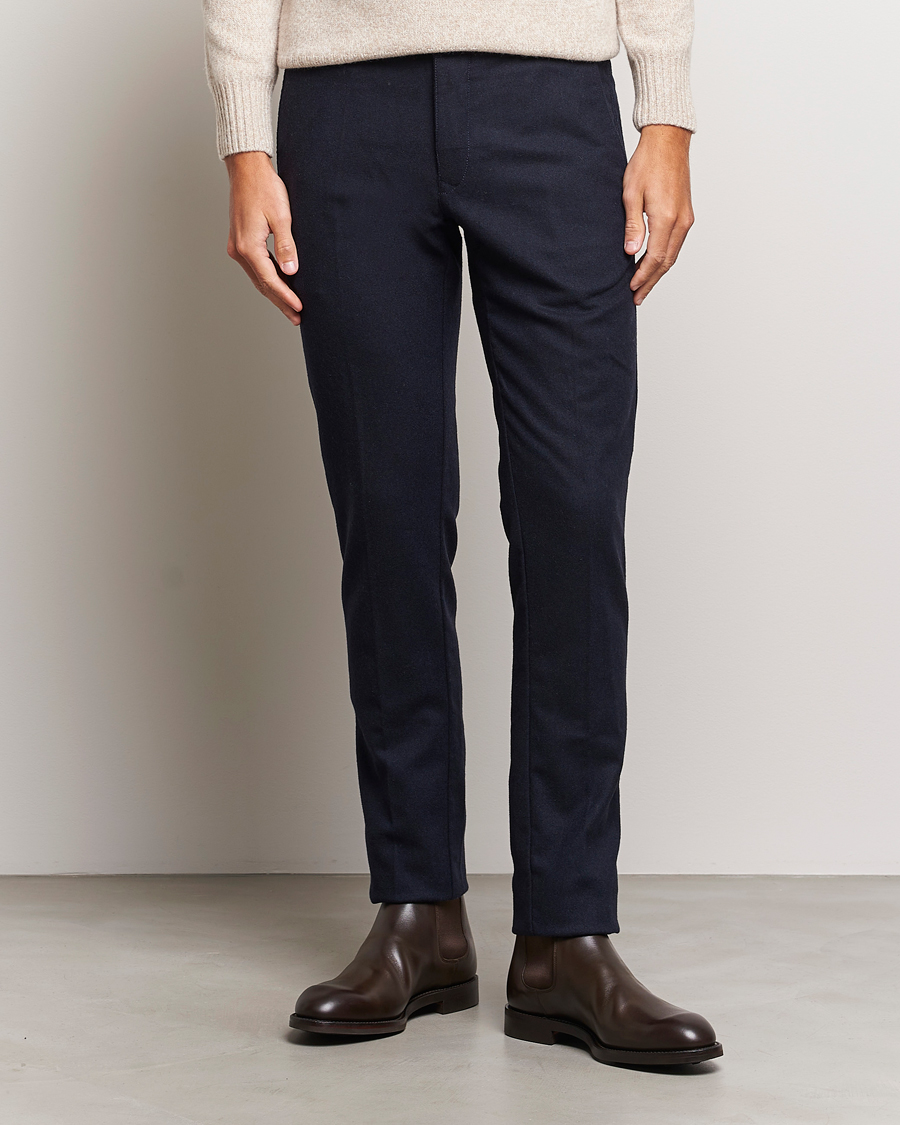 Herre | Bukser | Incotex | Slim Fit Washed Flannel Stretch Slacks Navy