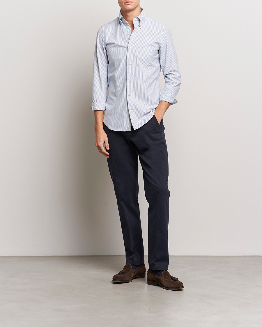Herre | Skjorter | Finamore Napoli | Tokyo Slim Oxford Button Down Shirt Blue Stripe