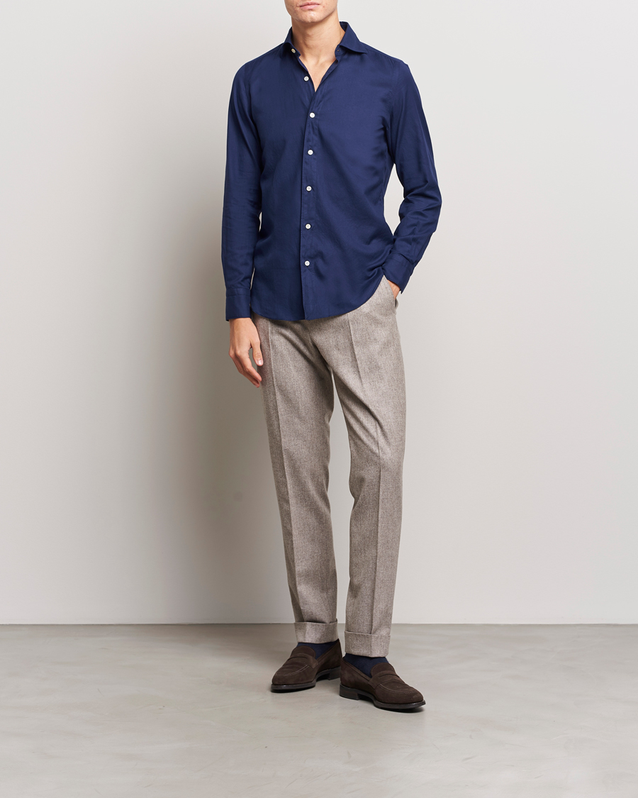 Herre | Skjorter | Finamore Napoli | Tokyo Slim Flannel Shirt Navy