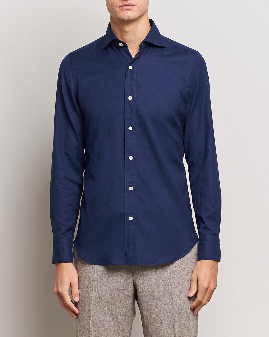 Herre | Tøj | Finamore Napoli | Tokyo Slim Flannel Shirt Navy