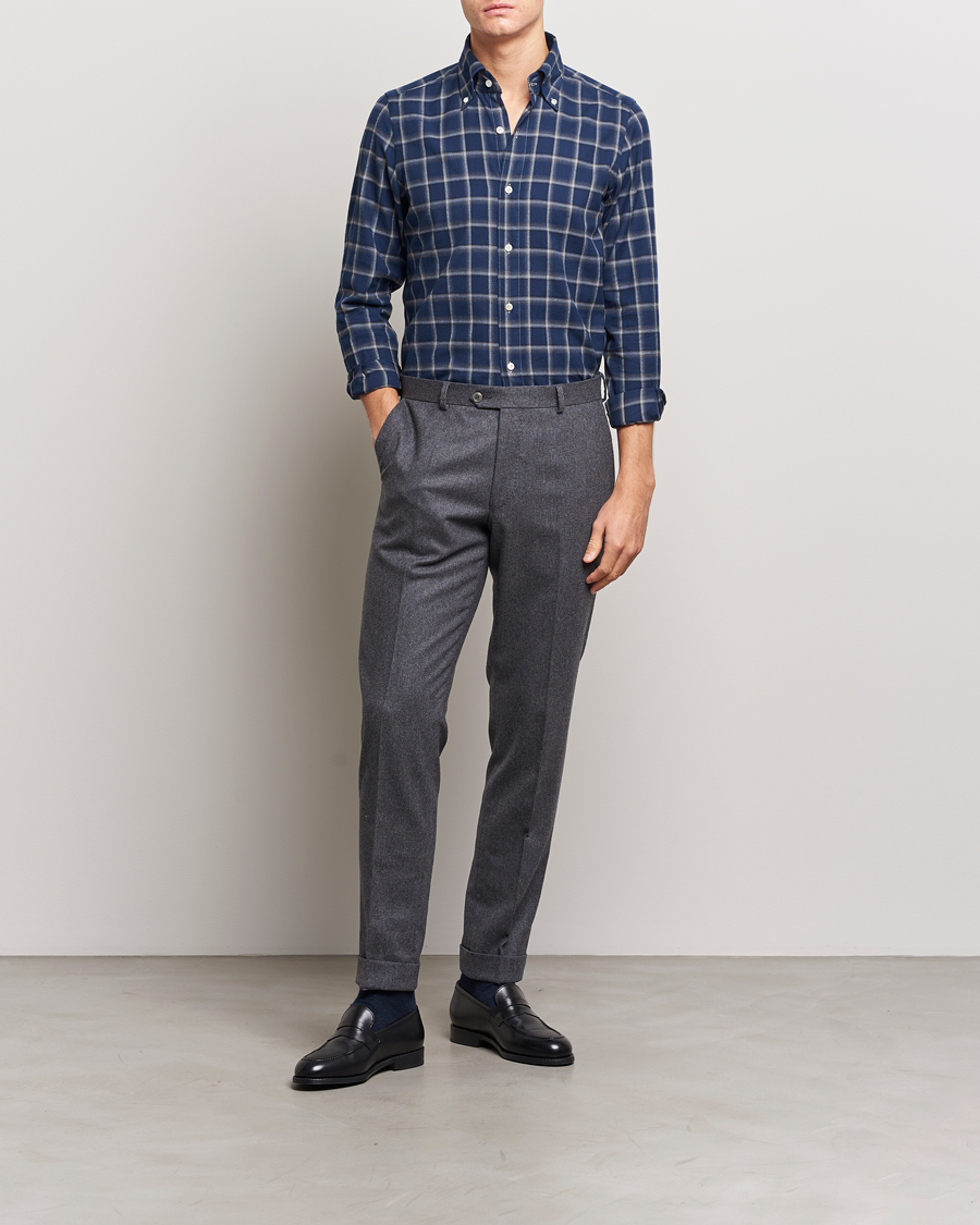Herre | Skjorter | Finamore Napoli | Tokyo Slim Flannel Button Down Shirt Navy Check
