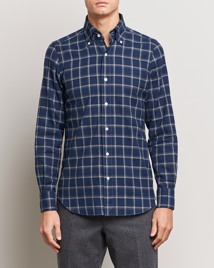 Herre | Skjorter | Finamore Napoli | Tokyo Slim Flannel Button Down Shirt Navy Check