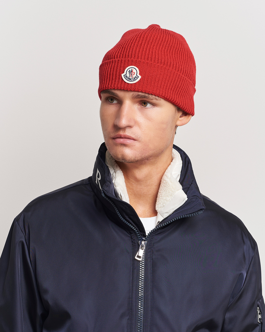 Herre | Moncler Ribbed Wool Beanie Red | Moncler | Ribbed Wool Beanie Red