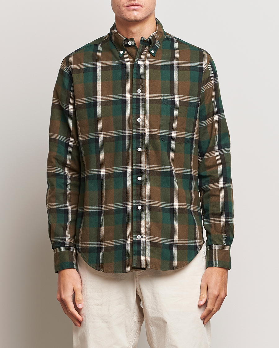 Herre | Skjorter | Gitman Vintage | Button Down Shaggy Flannel Shirt Olive Check