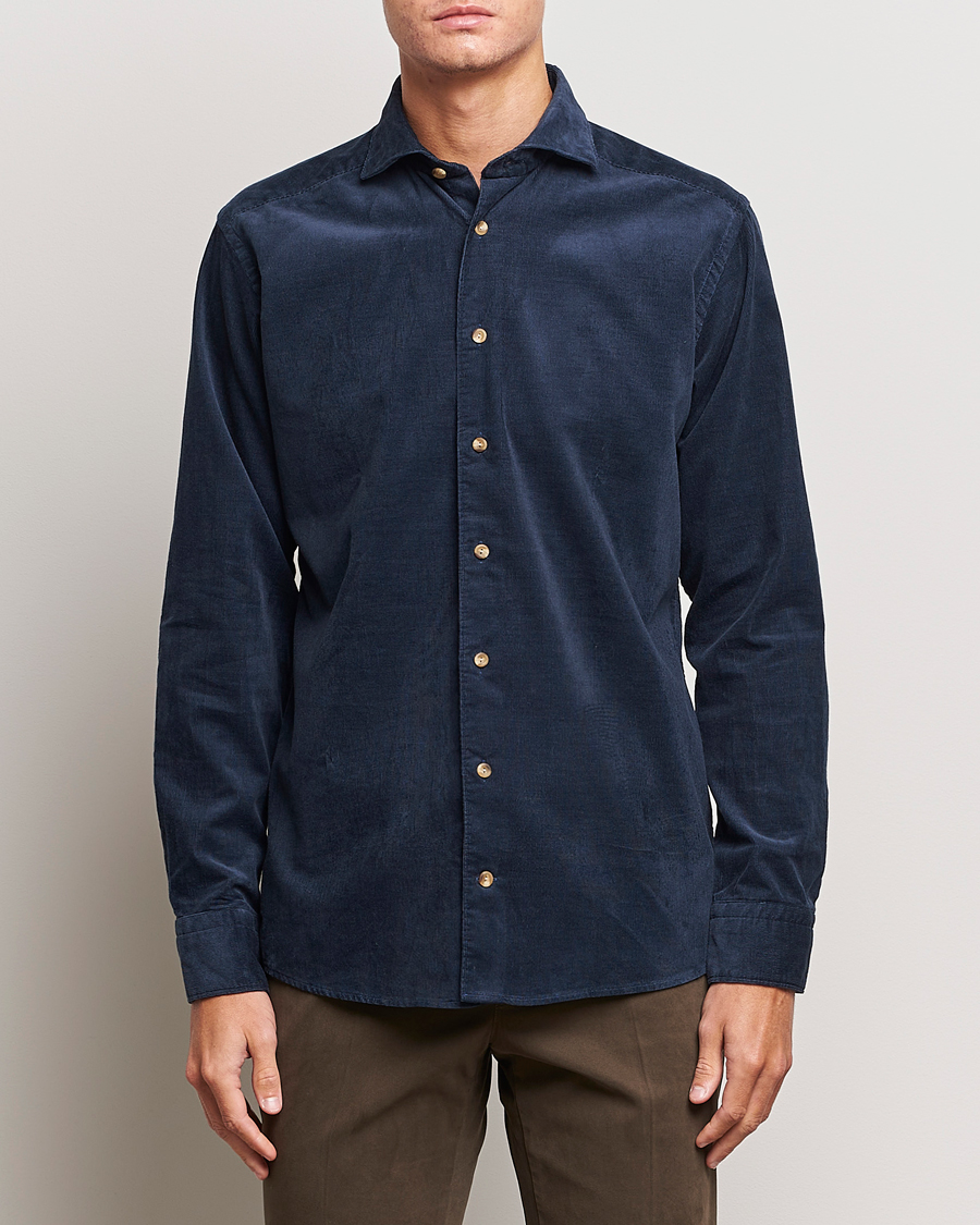 Herre | Fløjlsskjorter | Eton | Slim Fit Fine Wale Corduroy Shirt Navy Blue