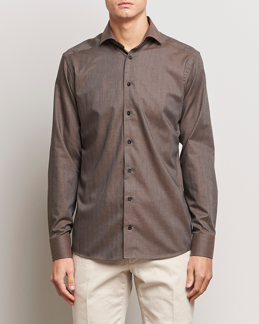 Herre | Nyheder | Eton | Slim Fit Wrinkle Free Flannel Shirt Dark Brown