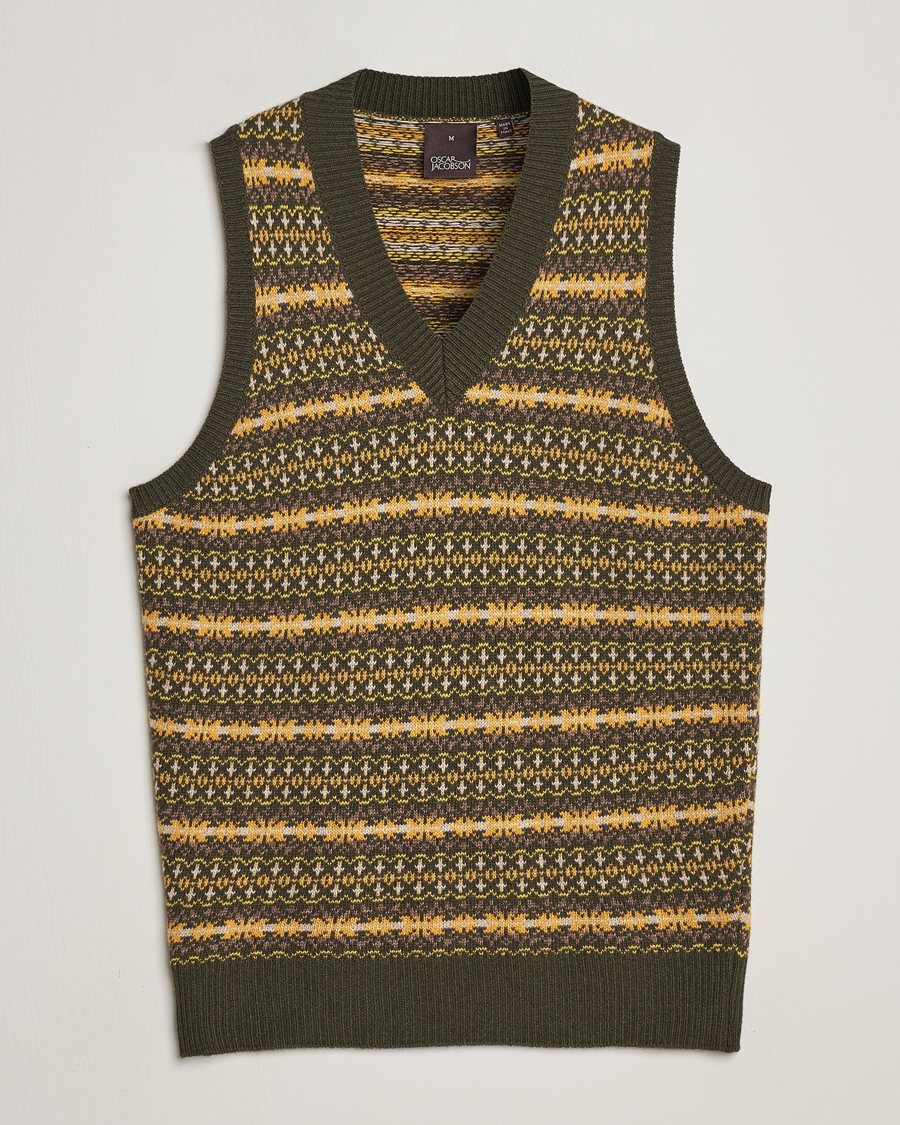 Herre | Trøjer | Oscar Jacobson | Lucas Fairisle Wool/Cashmere Vest Green