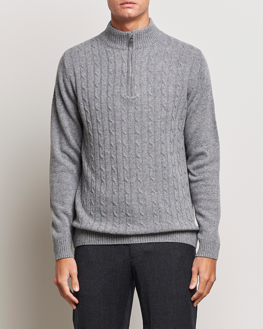 Herre | Trøjer | Oscar Jacobson | Percy Wool/Cashmere Knitted Half Zip Grey Melange