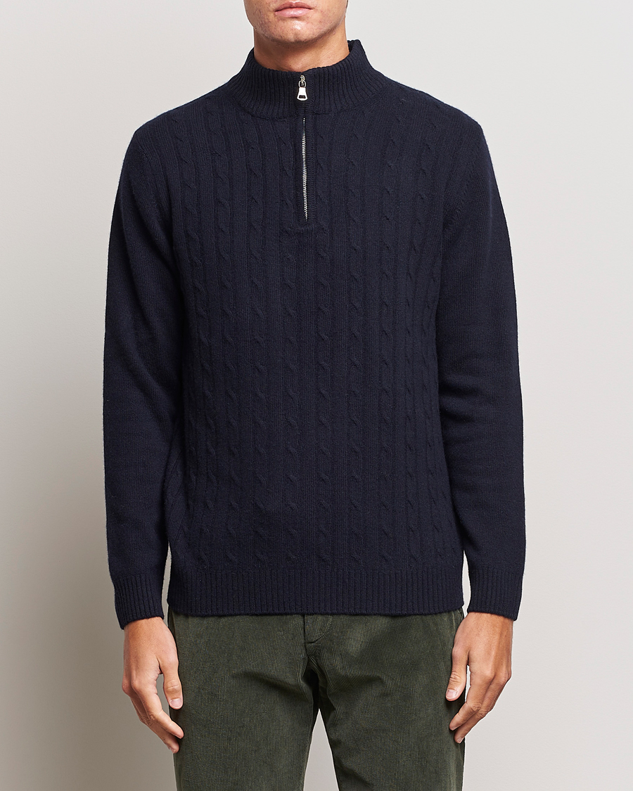 Herre | Trøjer | Oscar Jacobson | Percy Wool/Cashmere Knitted Half Zip Navy