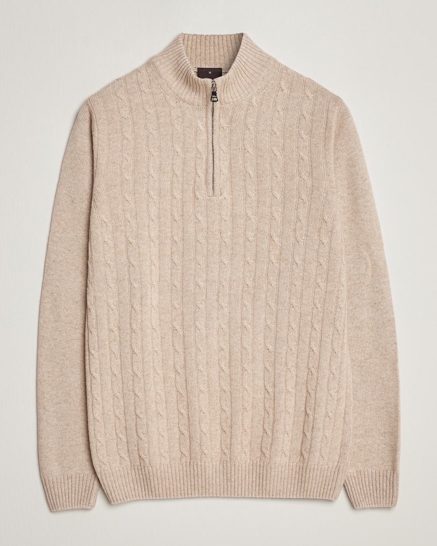 Herre | Trøjer | Oscar Jacobson | Percy Wool/Cashmere Knitted Half Zip Beige