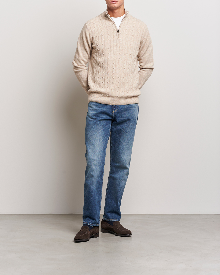 Herre | Trøjer | Oscar Jacobson | Percy Wool/Cashmere Knitted Half Zip Beige