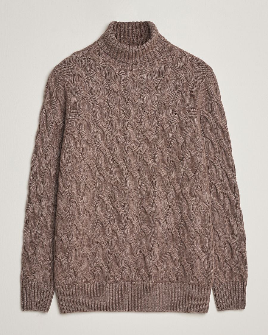 Herre | Trøjer | Oscar Jacobson | Seth Heavy Knitted Wool/Cashmere Cable Rollneck Brown